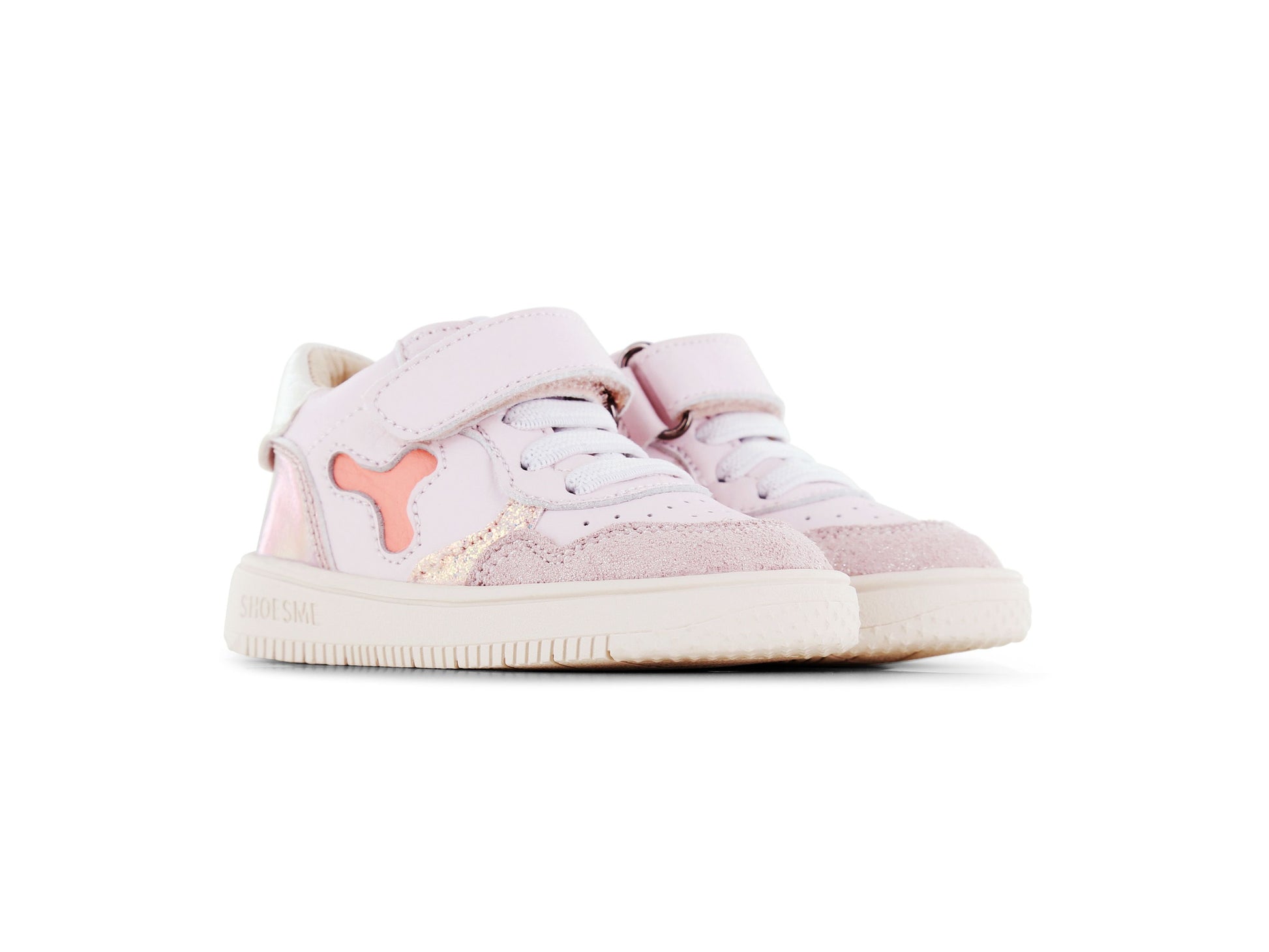 A girls mid top trainer by Shoesme, style BN25S012-C in white and pink, velcro and elastic lace fastening. Angled view of a pair.