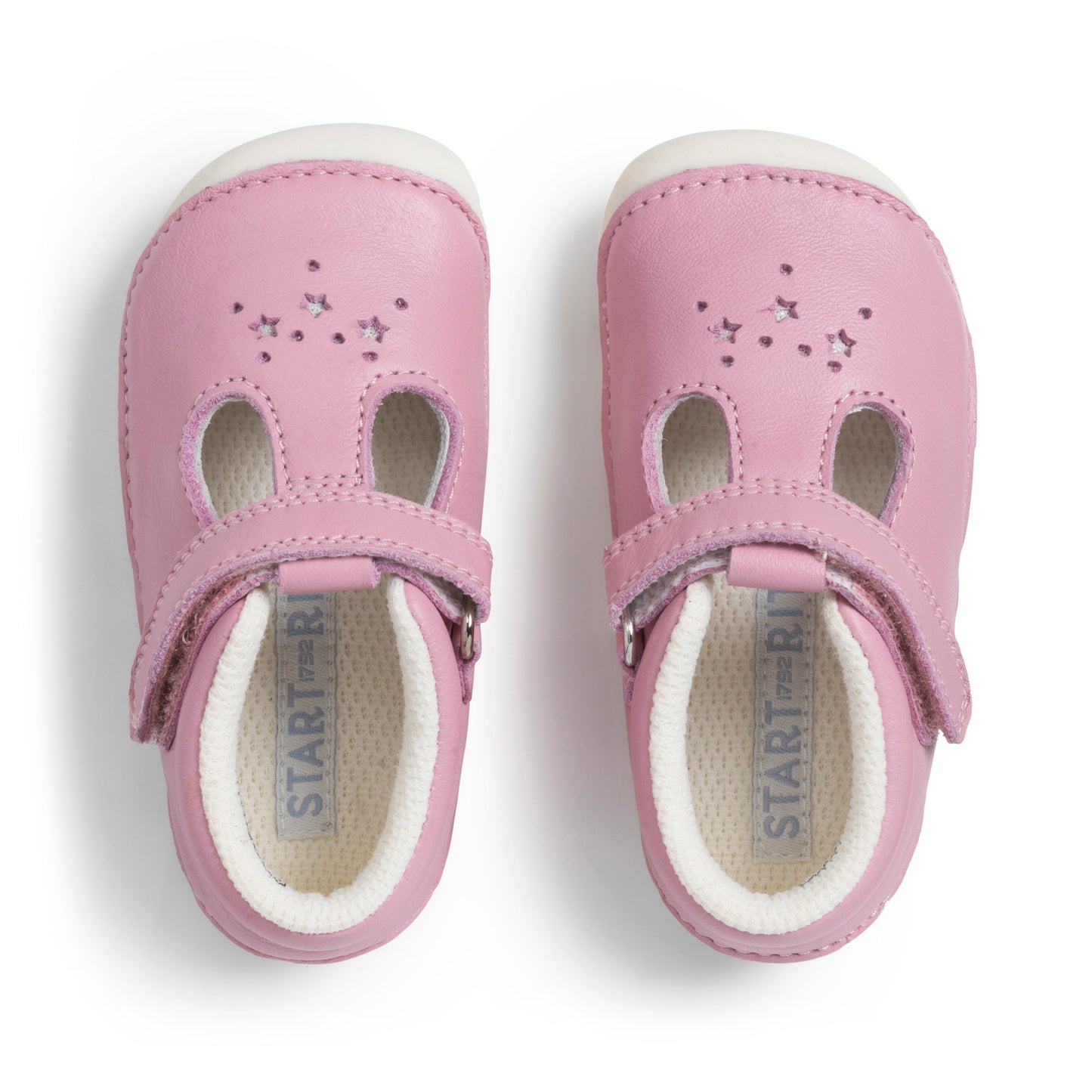 A girls pre-walker by Start-Rite ,style Tumble, in pink leather with velcro fastening. Top view of a pair.