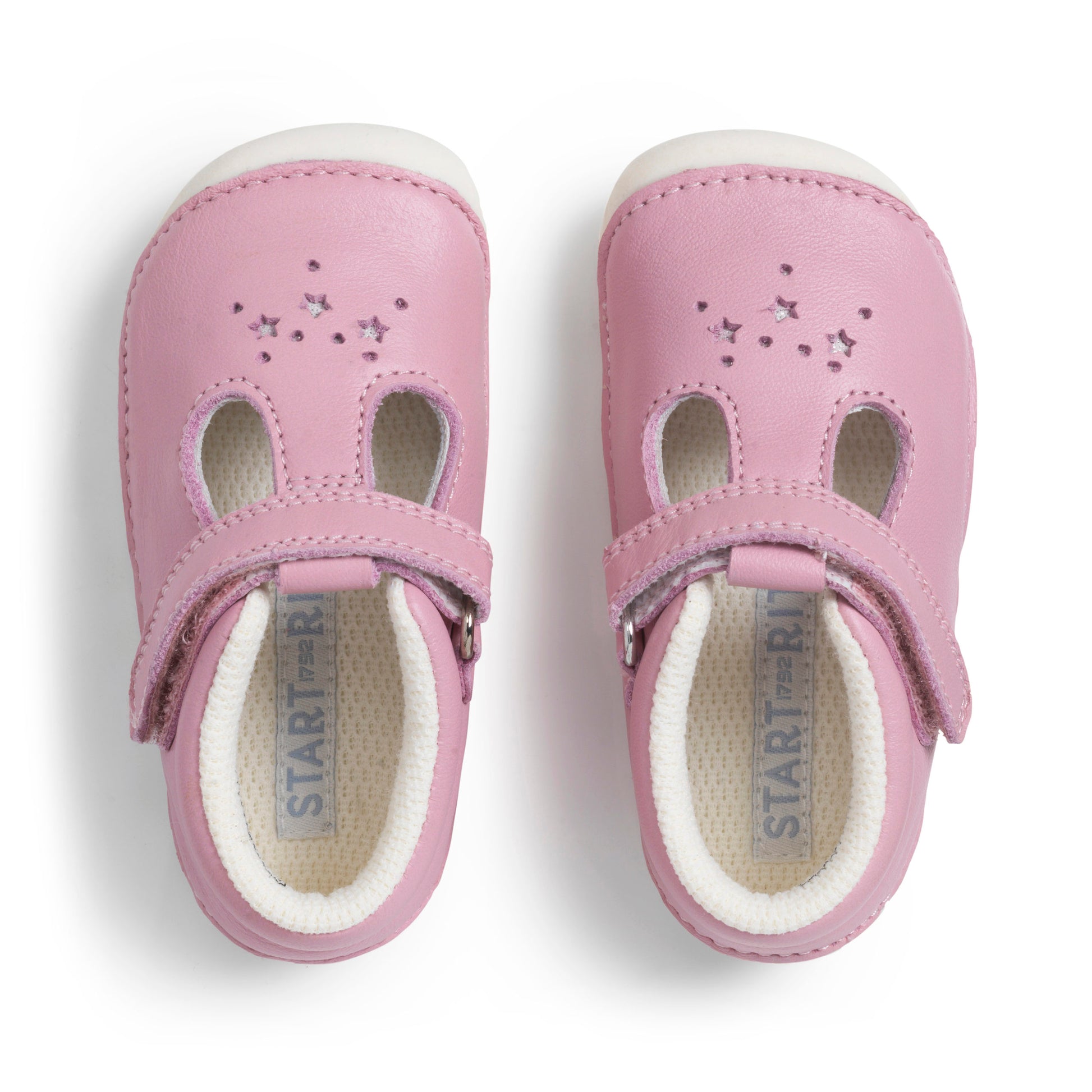 A girls pre-walker by Start-Rite ,style Tumble, in pink leather with velcro fastening. Top view of a pair.