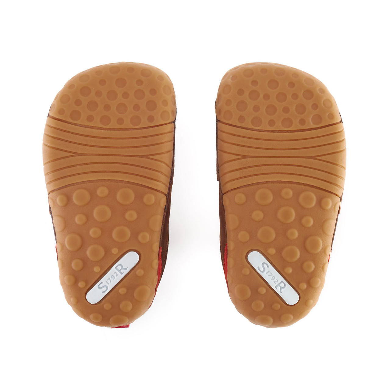 A pair of boys pre walkers by Start Rite,style Shuffle, in Brown Nubuck and Tan leather with single velcro fastening. Sole view.