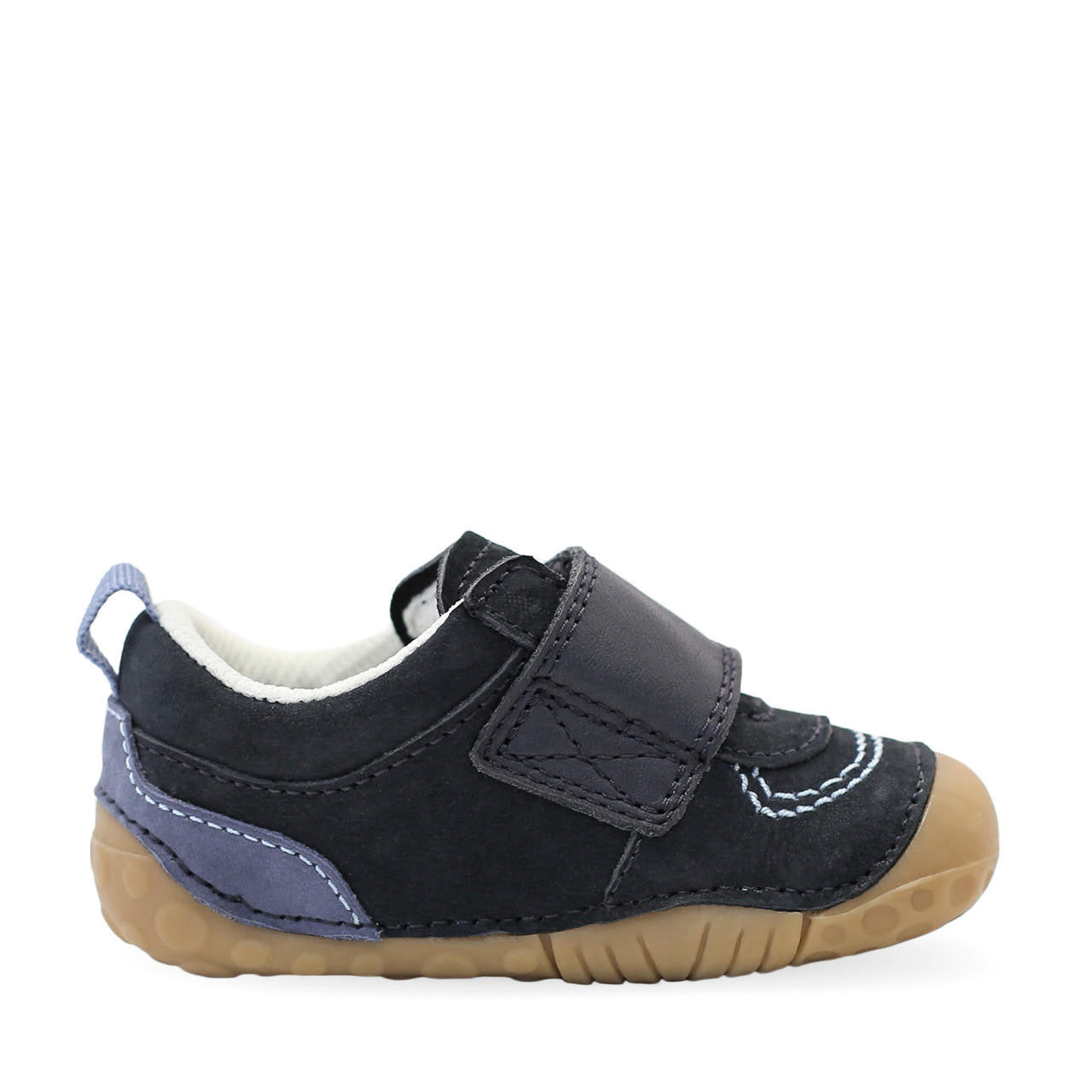 A boys pre walker by Start-Rite, style Shuffle, in navy and blue nubuck leather with velcro fastening. Left side view.