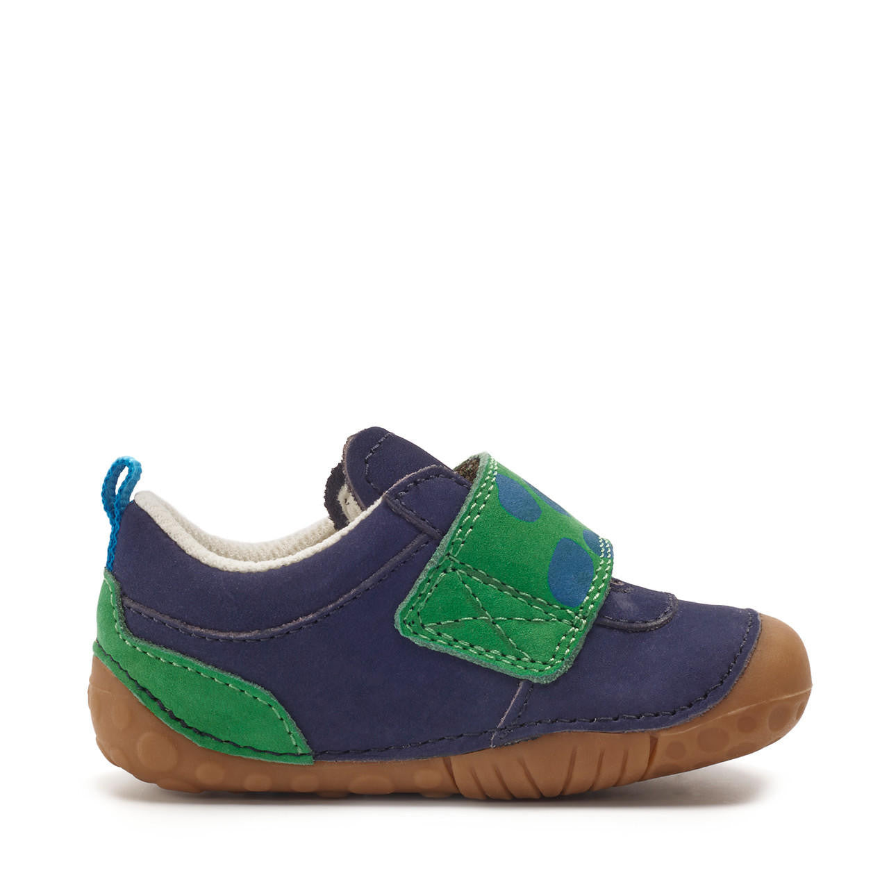 A boys pre walker by Start Rite and JoJo Maman Bebé collaboration ,style Companion,in Navy multi with dinosaur velcro fastening. Left side view.
