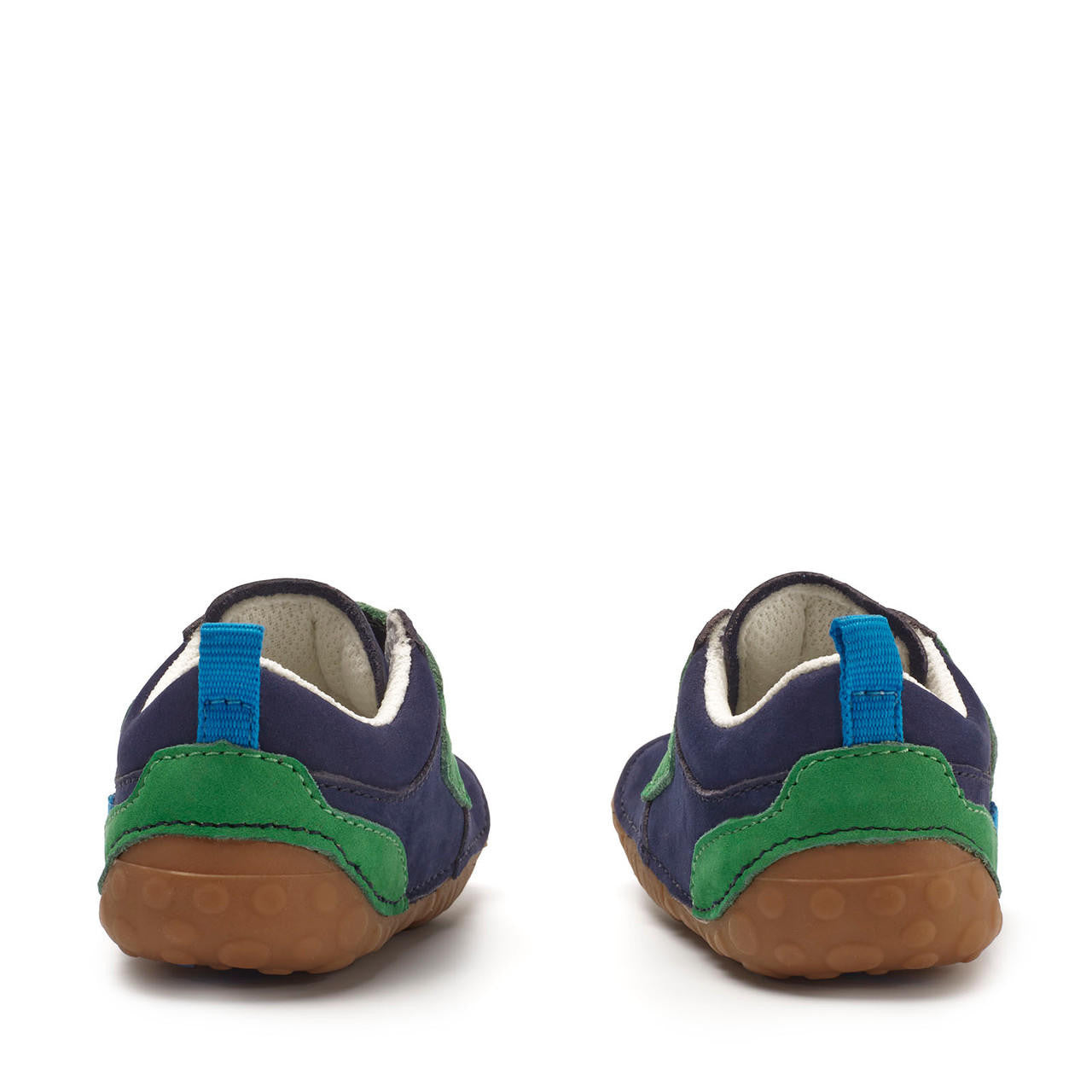A pair of boys pre walkers by Start Rite and JoJo Maman Bebé collaboration ,style Companion,in Navy multi with dinosaur velcro fastening. View from back.