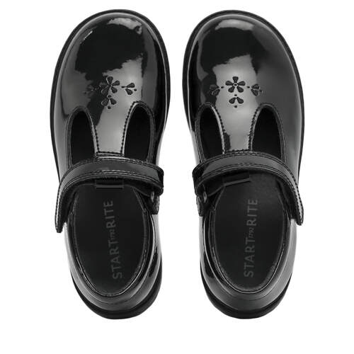 A pair of girls school shoes by Start Rite, style Liberty, in black patent with velcro fastening.
