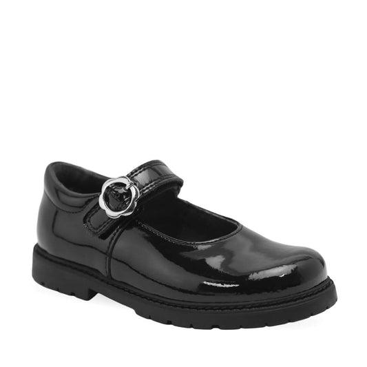 Start-Rite Destiny, a Black patent girls mary-jane velcro fastening pre-school shoe. Angled view.