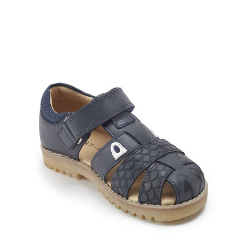 A boys Navy leather sandal by Start Rite,style Dino, with velcro fastening. Inner side view.