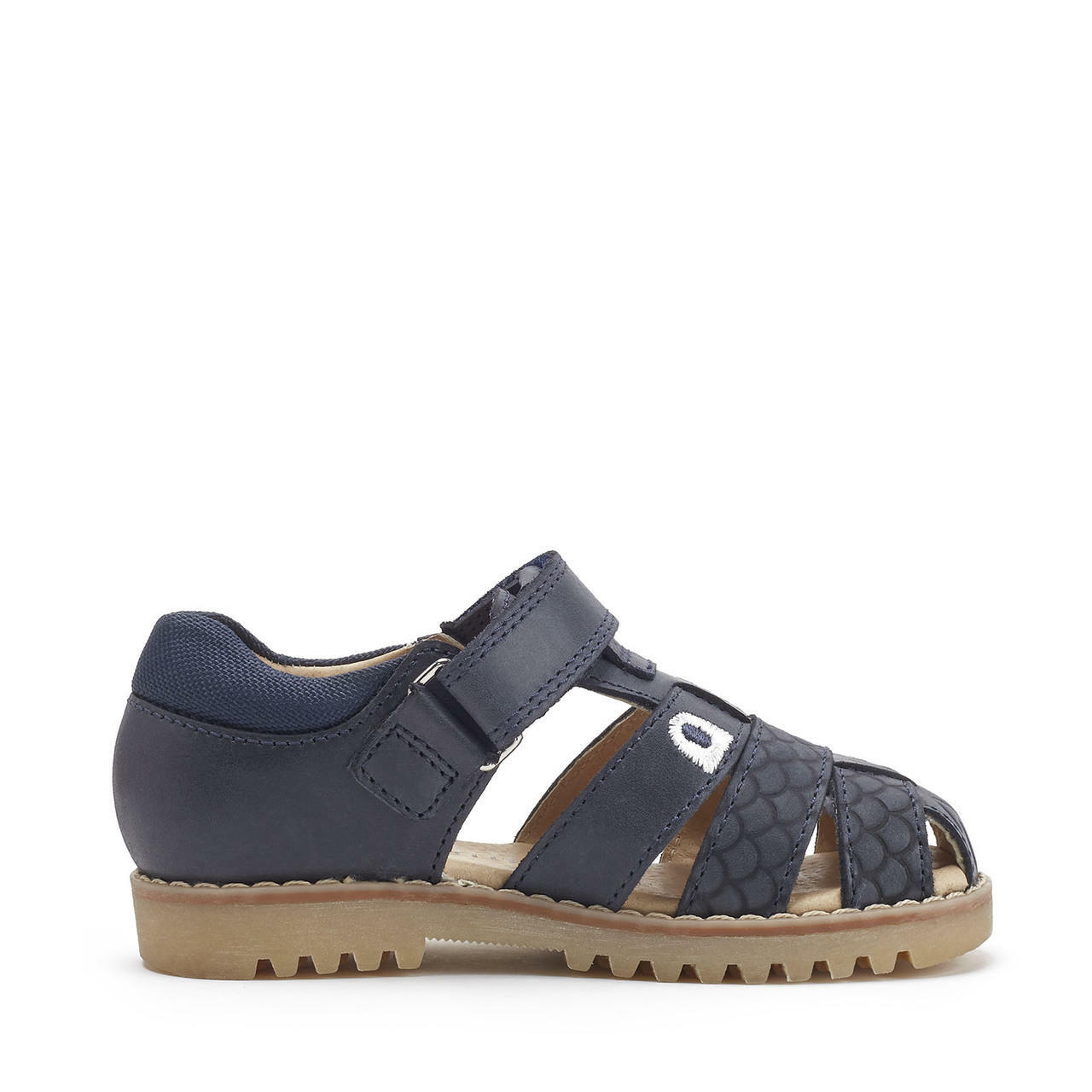 A boys Navy leather sandal by Start Rite,style Dino, with velcro fastening. Right inner side view.