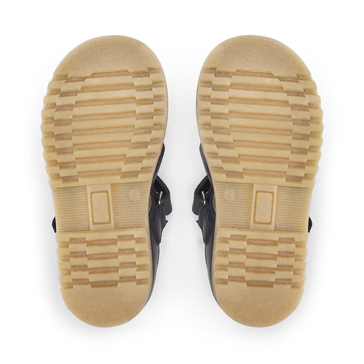 A boys Navy leather sandal by Start Rite,style Dino, with velcro fastening. Sole view.