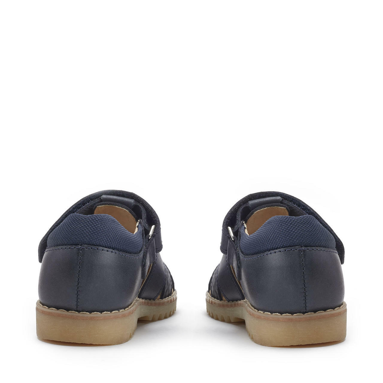 A boys Navy leather sandal by Start Rite,style Dino, with velcro fastening. Back view.