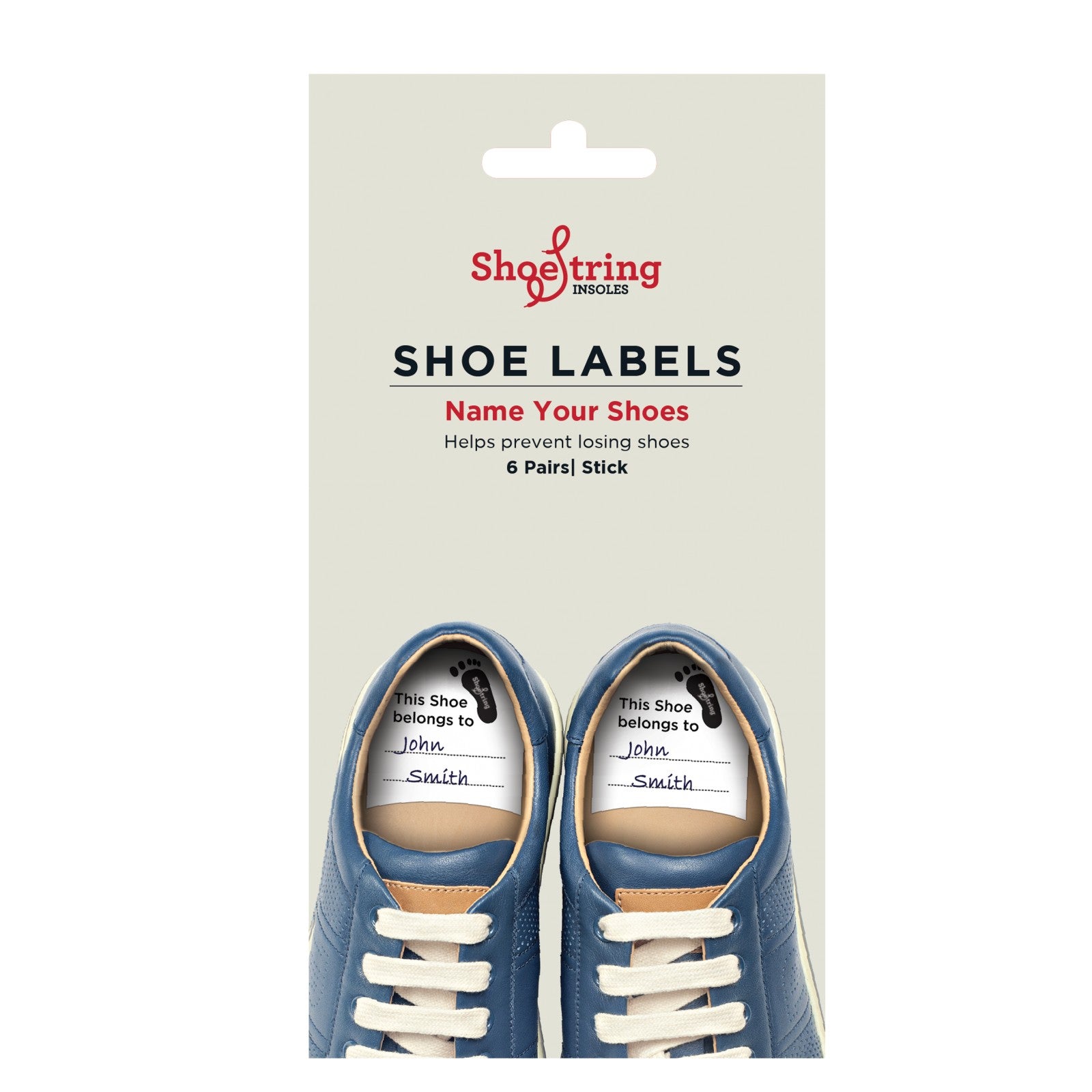 1 pack of 6 pairs of shoe labels by Shoe String. Above view.
