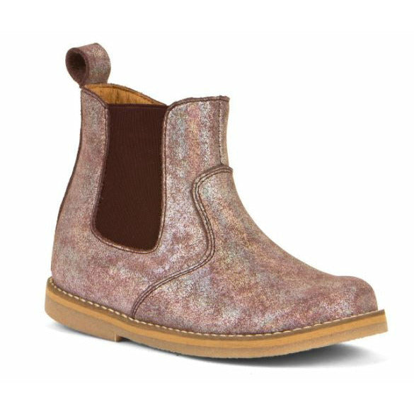 A girls ankle boot by Froddo,style Chelys, in irridescennt pink with zip fastening. Right side view.