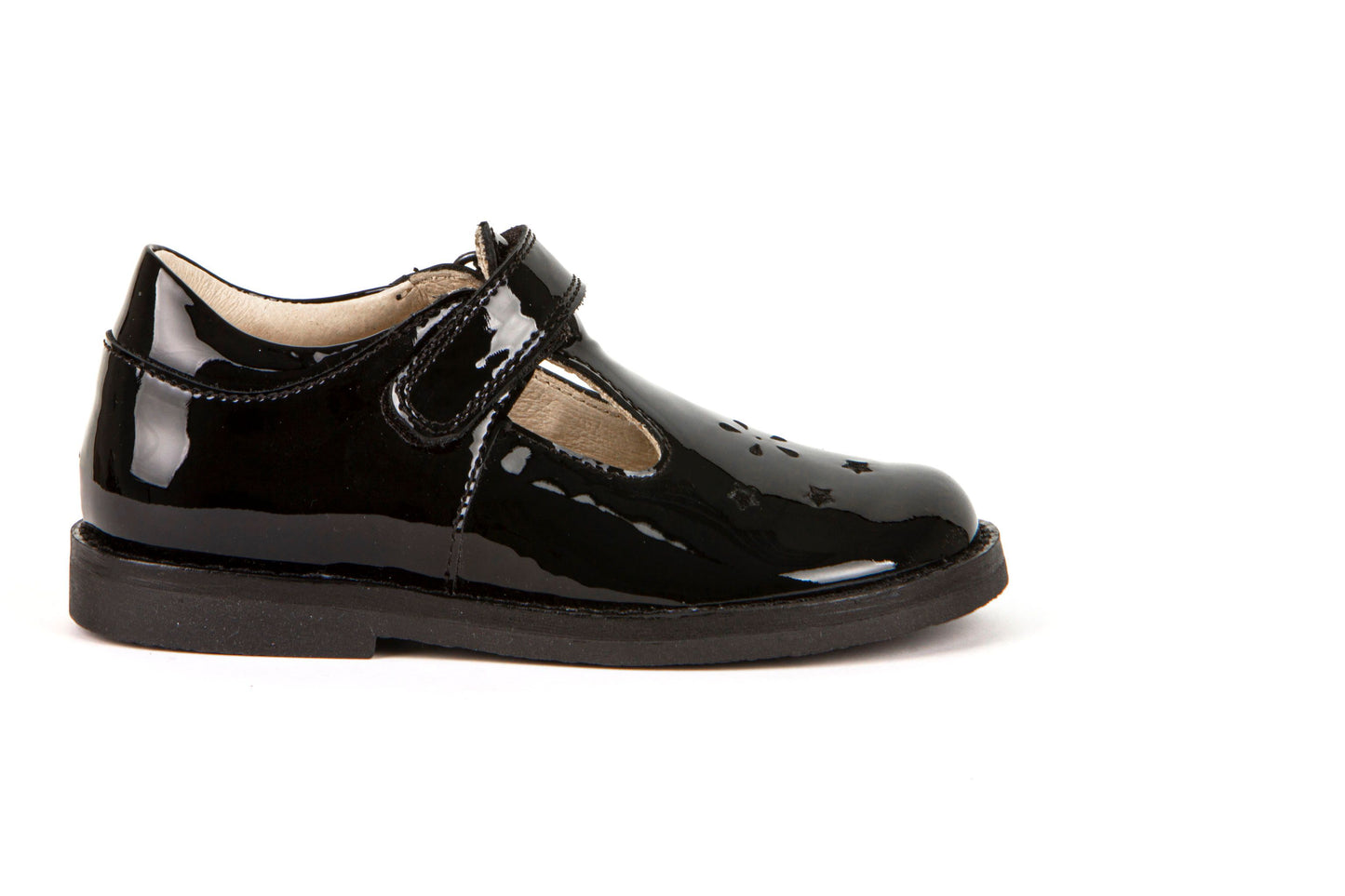 A girls t-bar school shoe by Froddo, style Evia, in black leather with velcro fastening. Right side view.