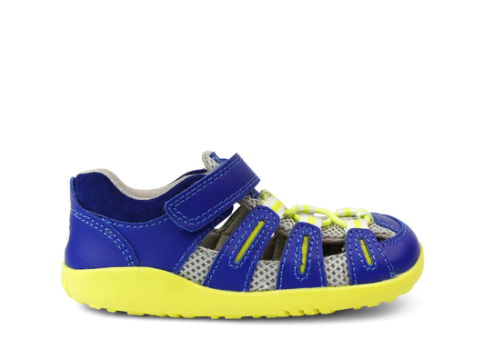 A unisex sandal by Bobux, style Summit,in blue leather/microfibre with neon yellow sole and trim and velcro/elastic fastening. Right side view.