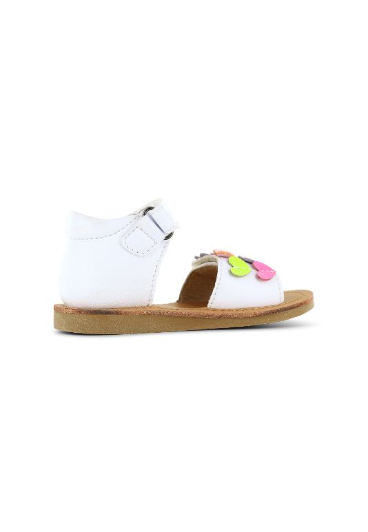 A girls sandal by Shoesme, style CS23S009-C,in white with coloured hearts and velcro fastening. Left side  view.