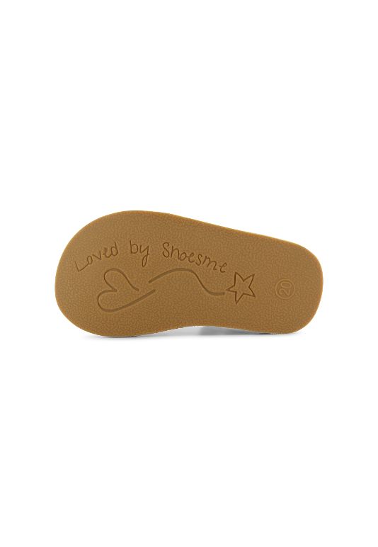 A girls sandal by Shoesme, style CS23S009-C,in white with coloured hearts and velcro fastening. View of sole.