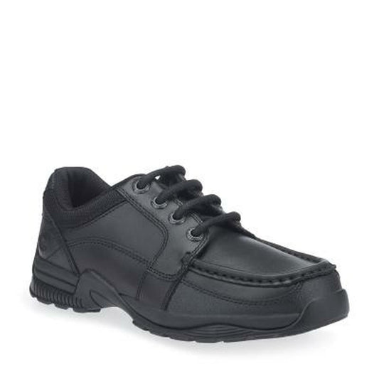 A boys school shoe by Start Rite,style Dylan, in black leather with lace up fastening. Angled view.
