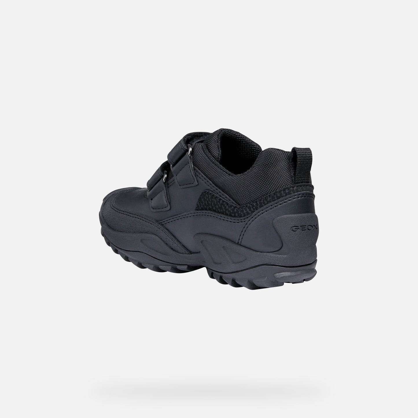 A casual waterproof school shoe by Geox, style J new Savage,in black with double velcro fastening. Inner side view.