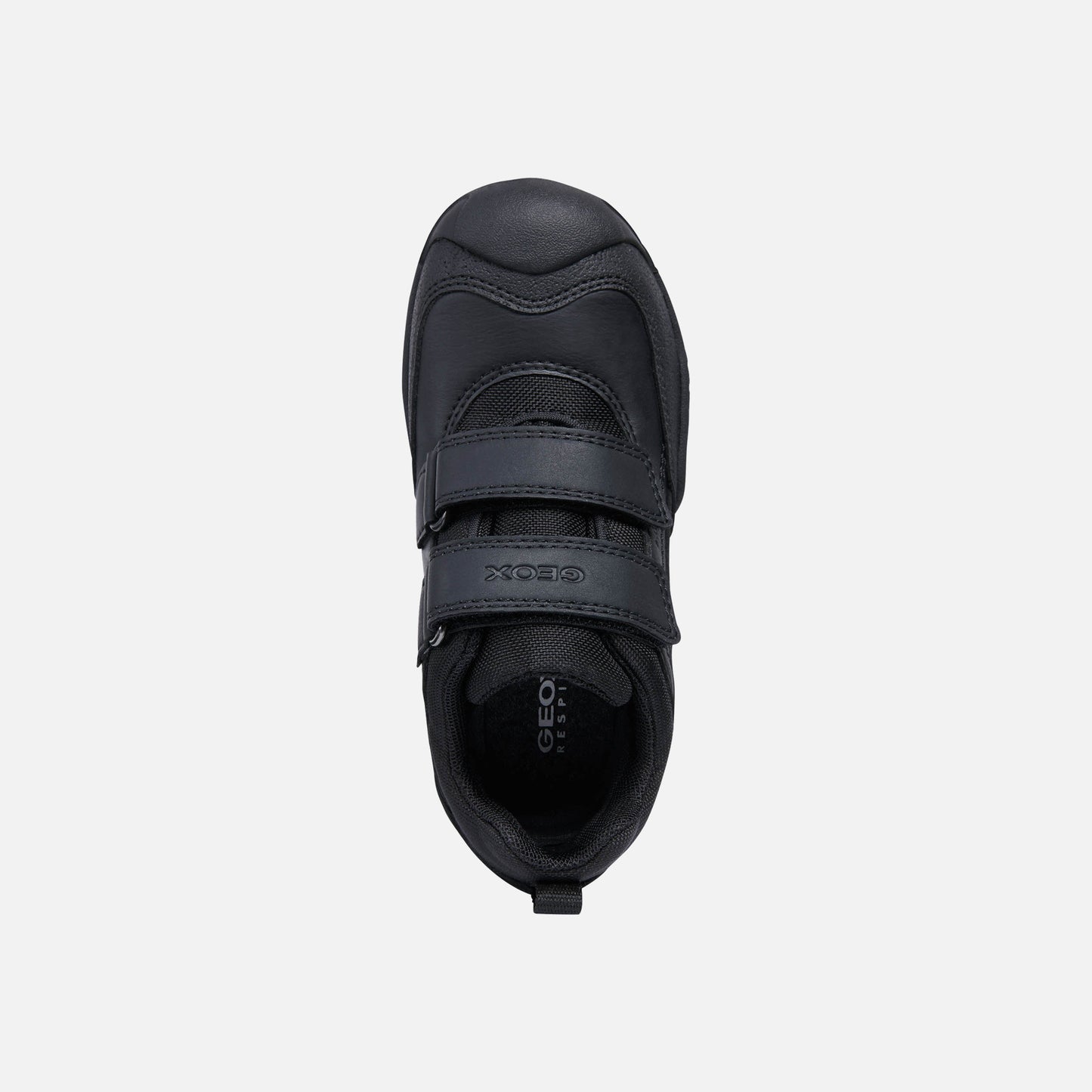 A  casual waterproof school shoe by Geox, style J new Savage,in black with double velcro fastening. Above view.