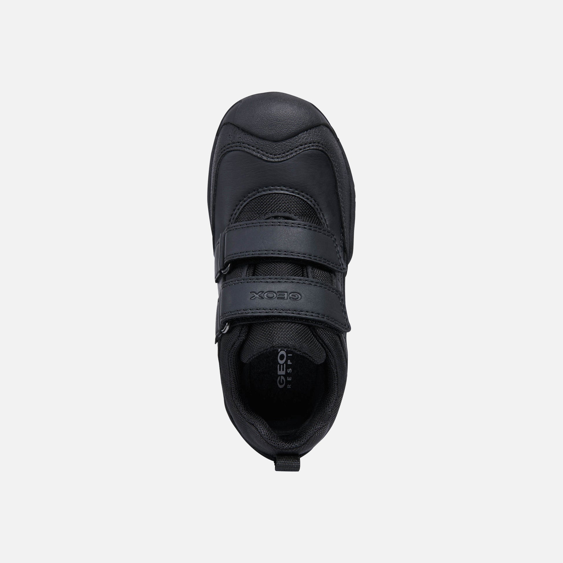 A  casual waterproof school shoe by Geox, style J new Savage,in black with double velcro fastening. Above view.