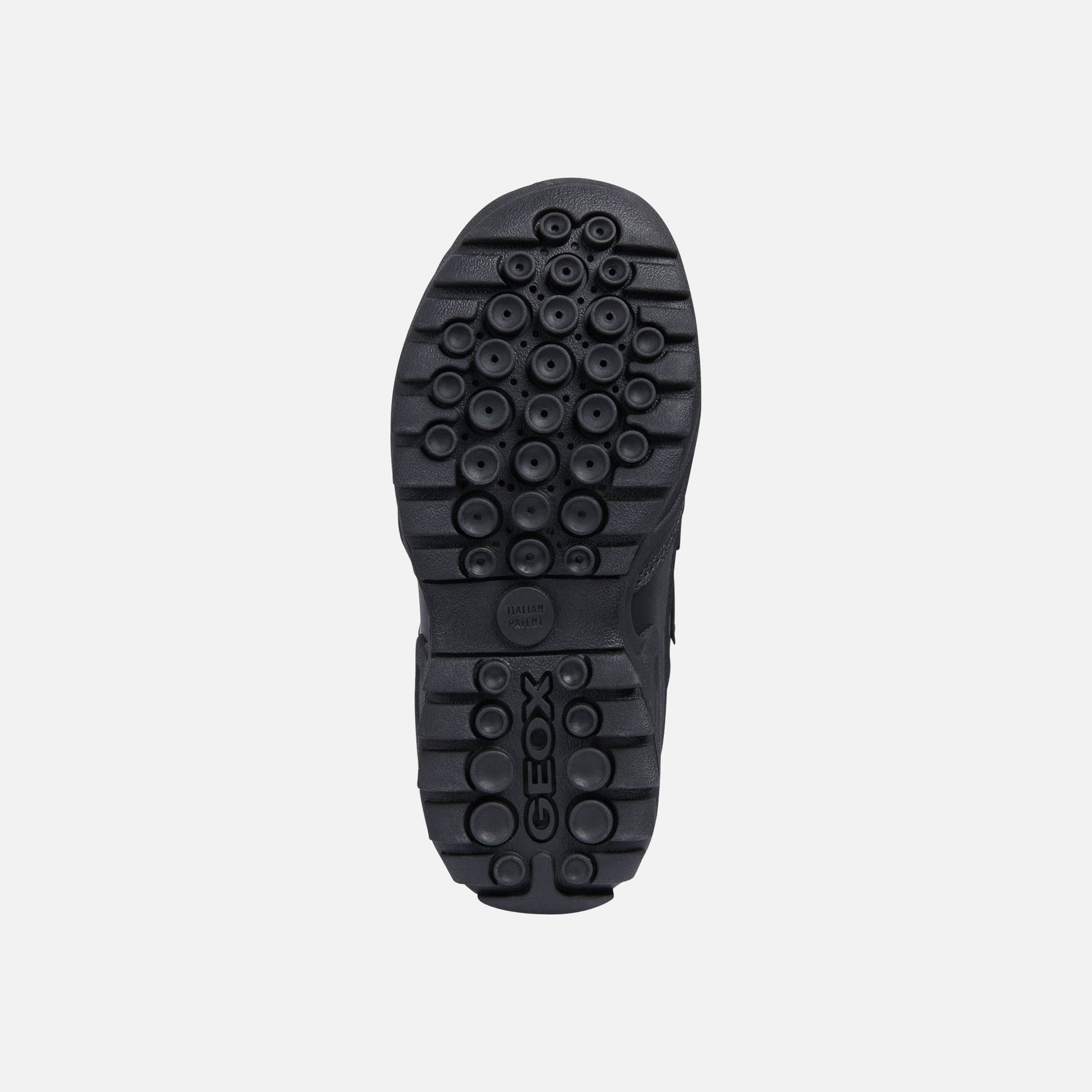  A casual waterproof school shoe by Geox, style J new Savage,in black with double velcro fastening. Sole view.