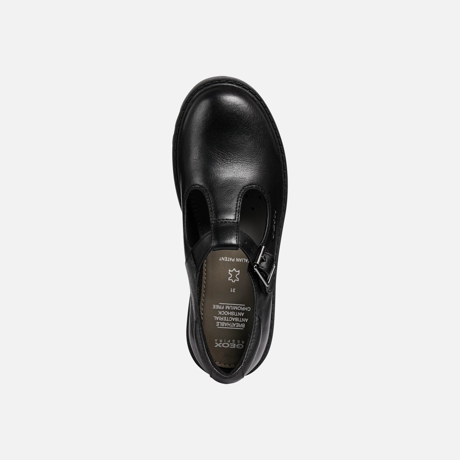 A girls Mary Jane school shoe by Geox, style casey, in black with buckle fastening. Above view.