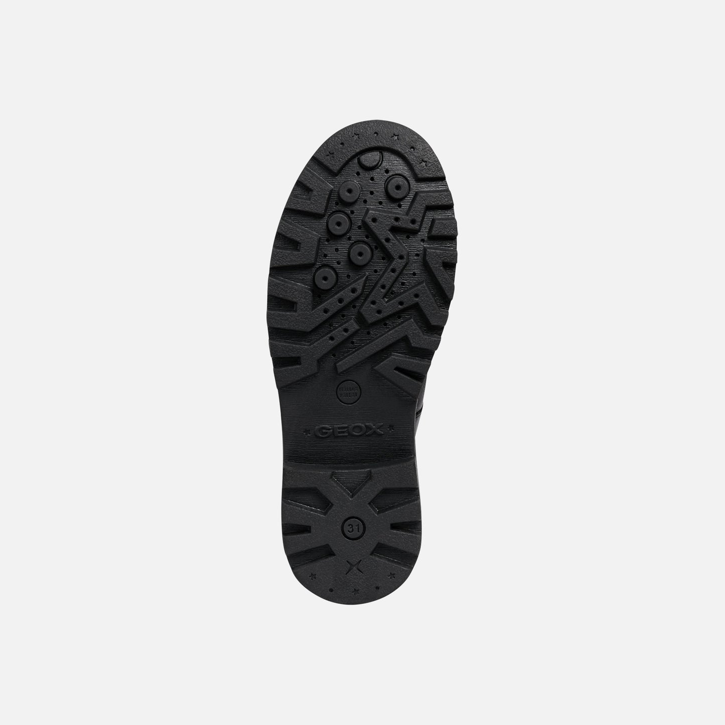 A girls Mary Jane school shoe by Geox, style casey, in black with buckle fastening. Sole view.