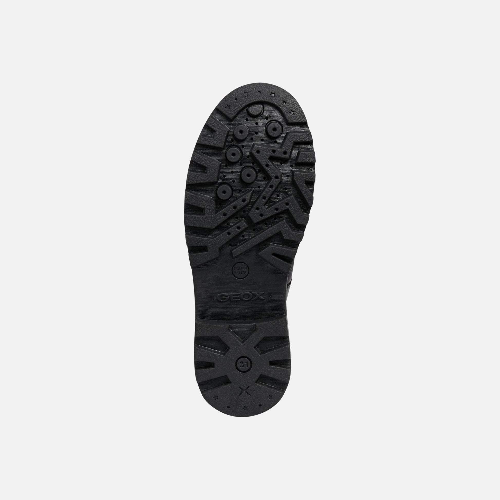 A girls Mary Jane school shoe by Geox, style casey, in black with buckle fastening. Sole view.