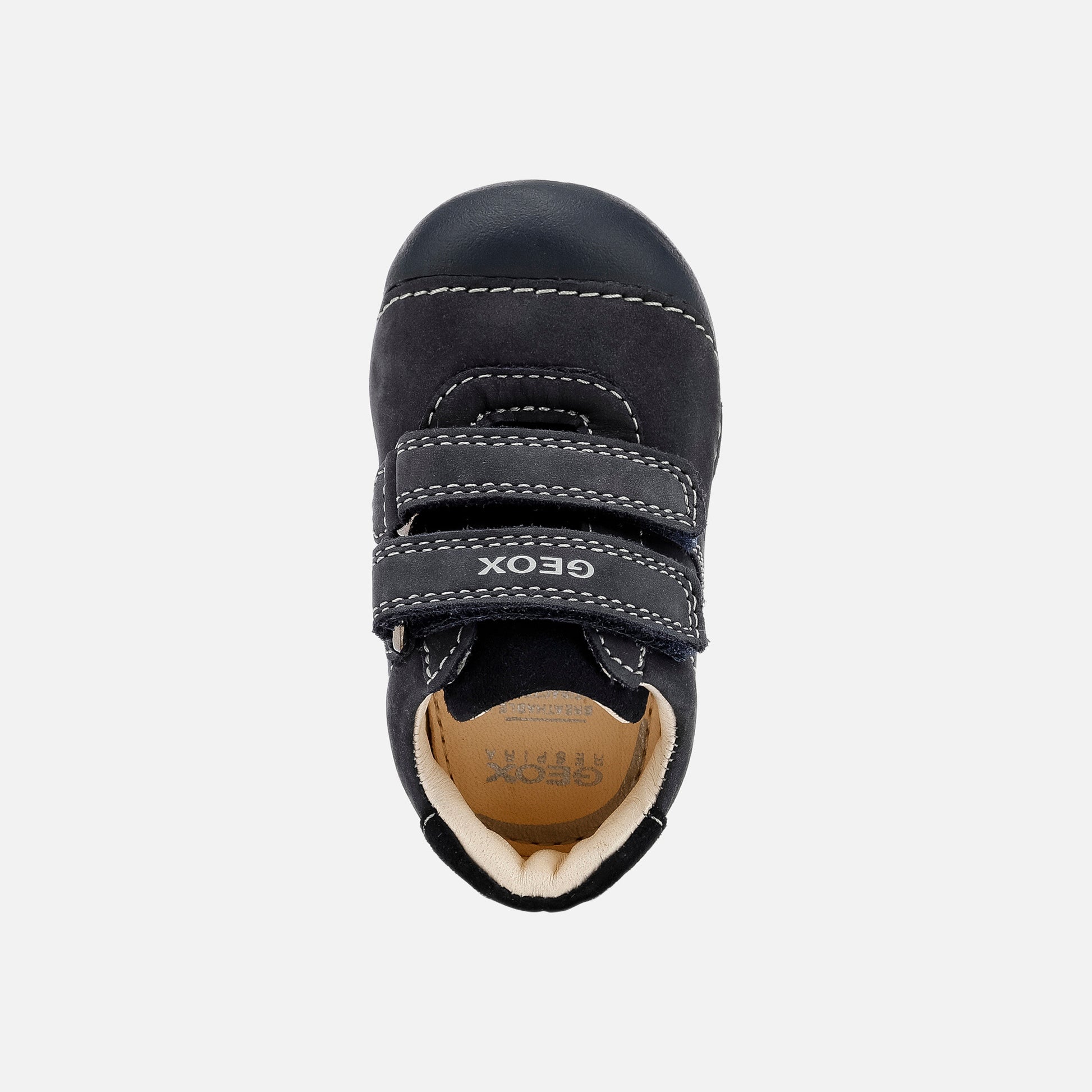 A boys pre walker by Geox, style Tutim, in navy with double velcro fastening. Above view.