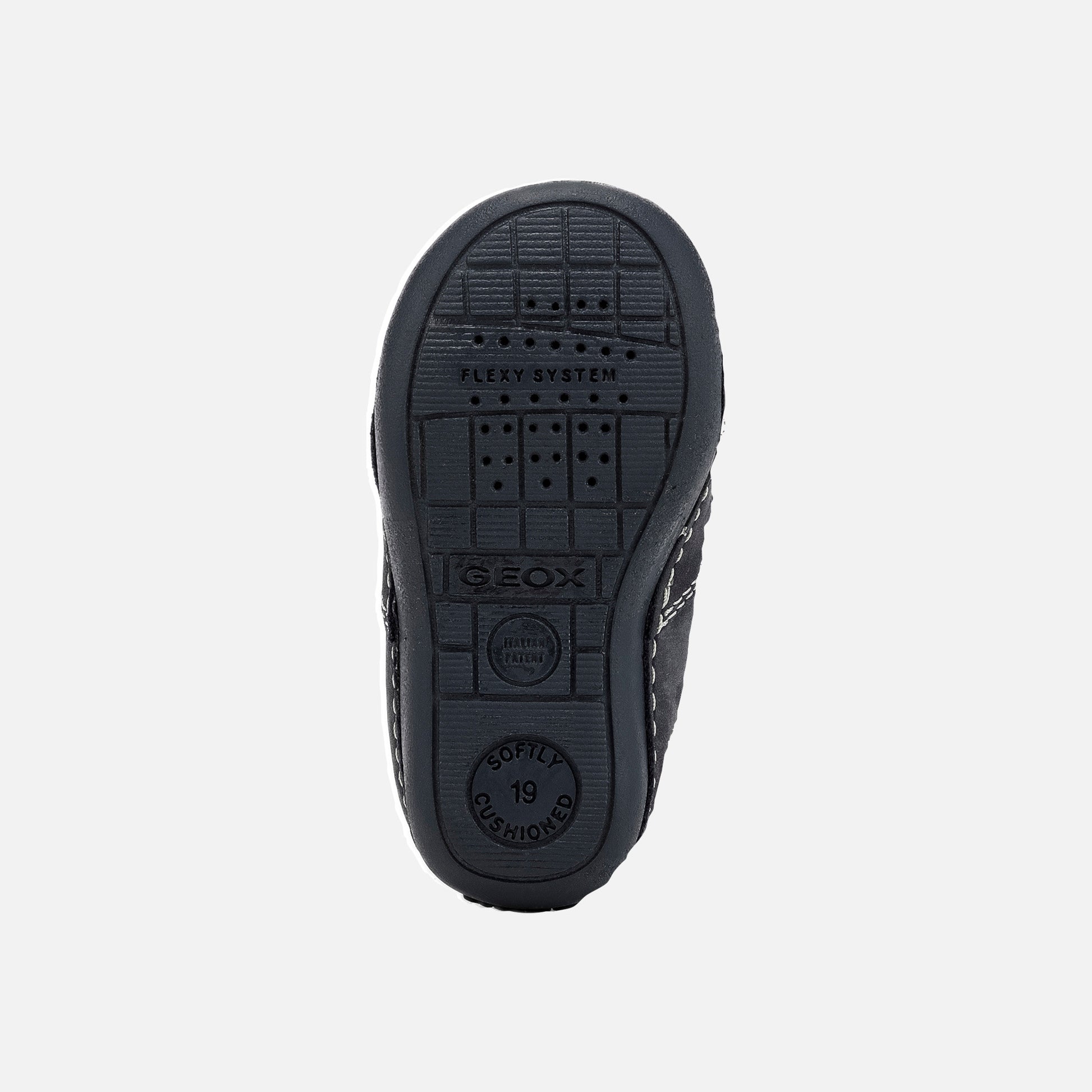A boys pre walker by Geox, style Tutim, in navy with double velcro fastening. Sole view.