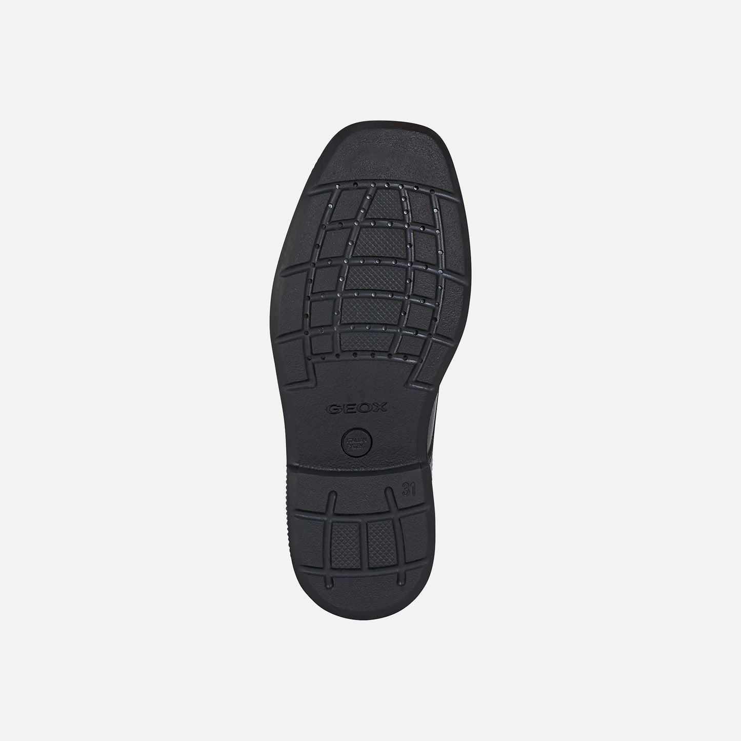 A boys smart school shoe by Geox,style J Federico, in black with lace fastening. sole view.
