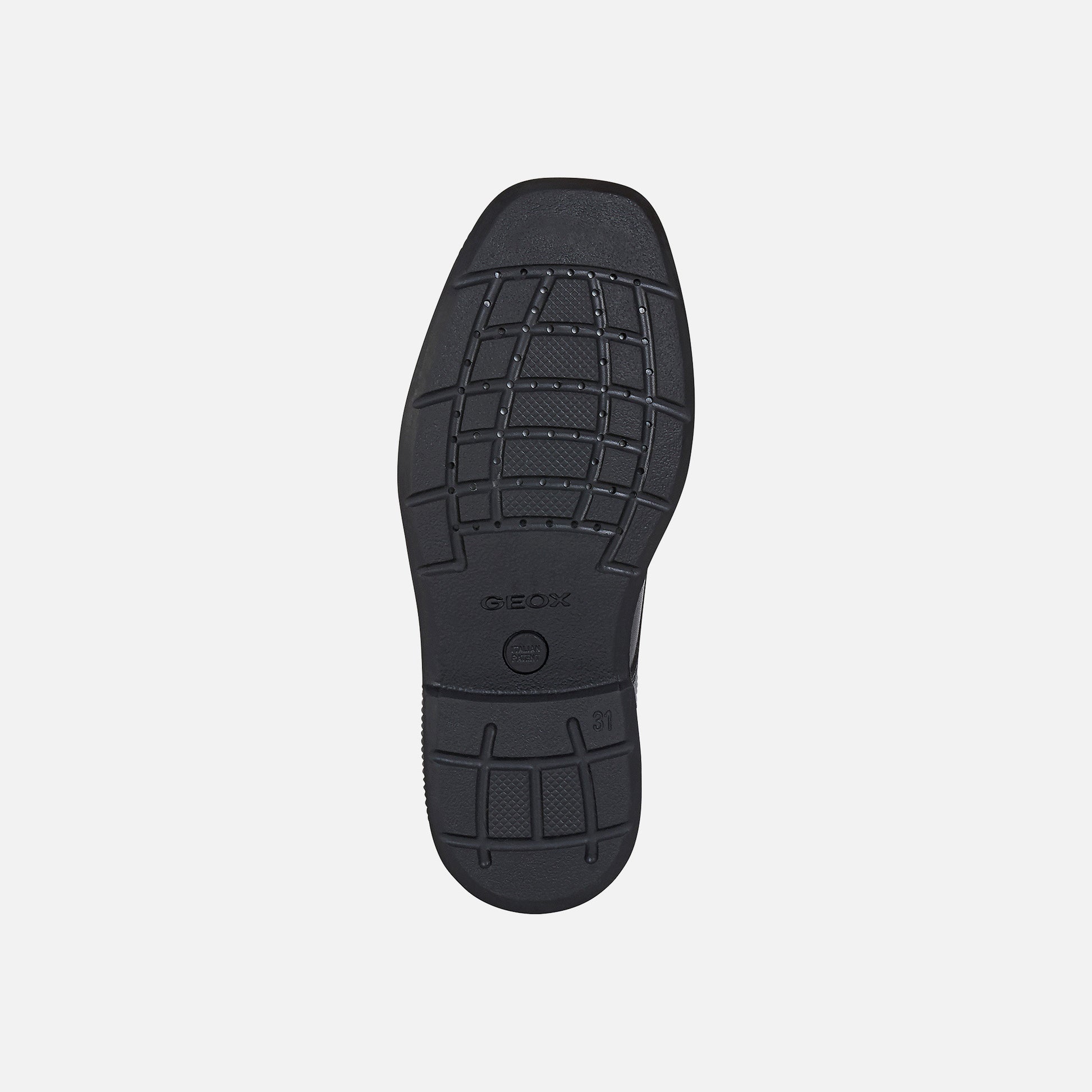 A boys smart school shoe by Geox,style J Federico, in black with lace fastening. sole view.
