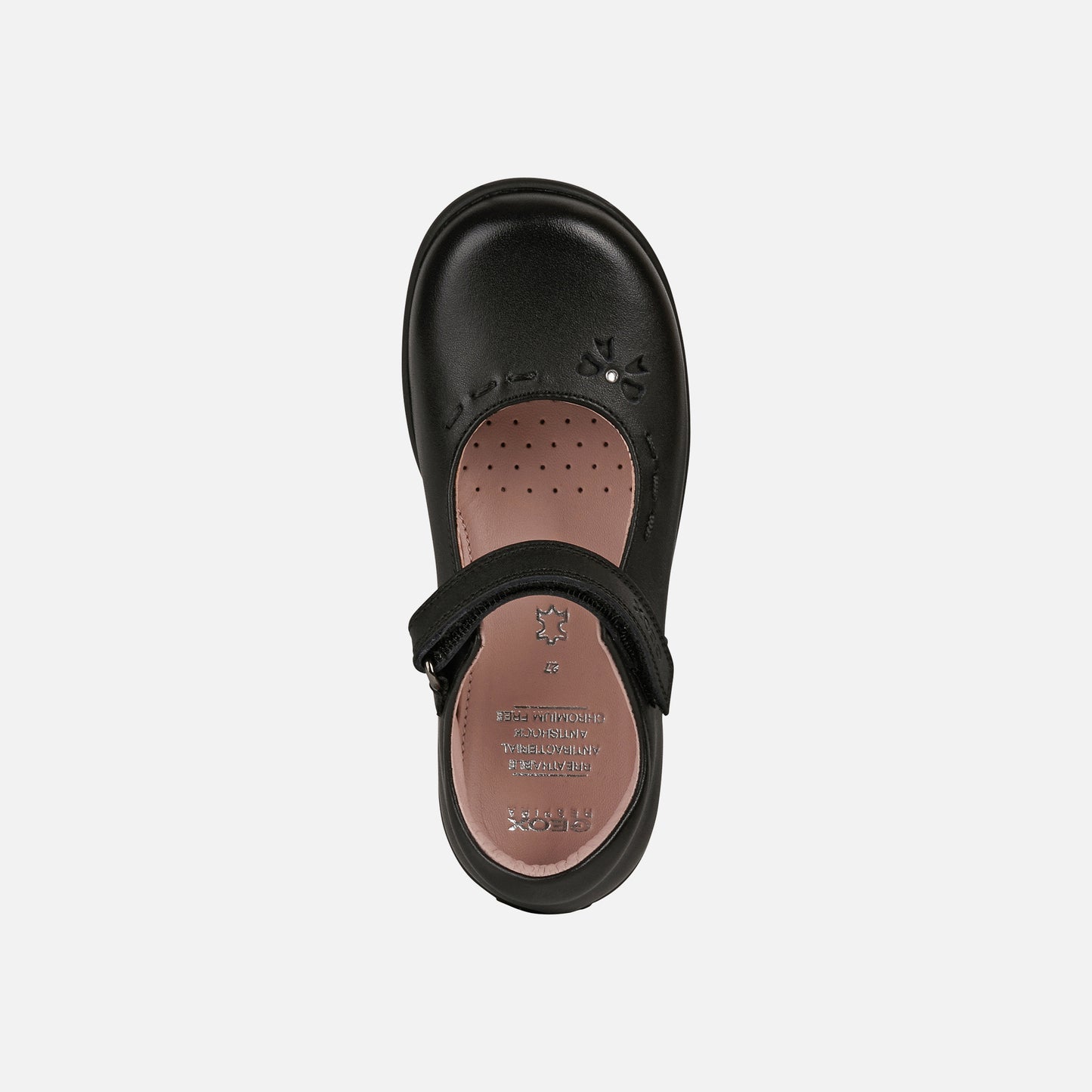 A girls Mary Jane school shoe by Geox, style Naimara, in black with velcro fastening. Above view.