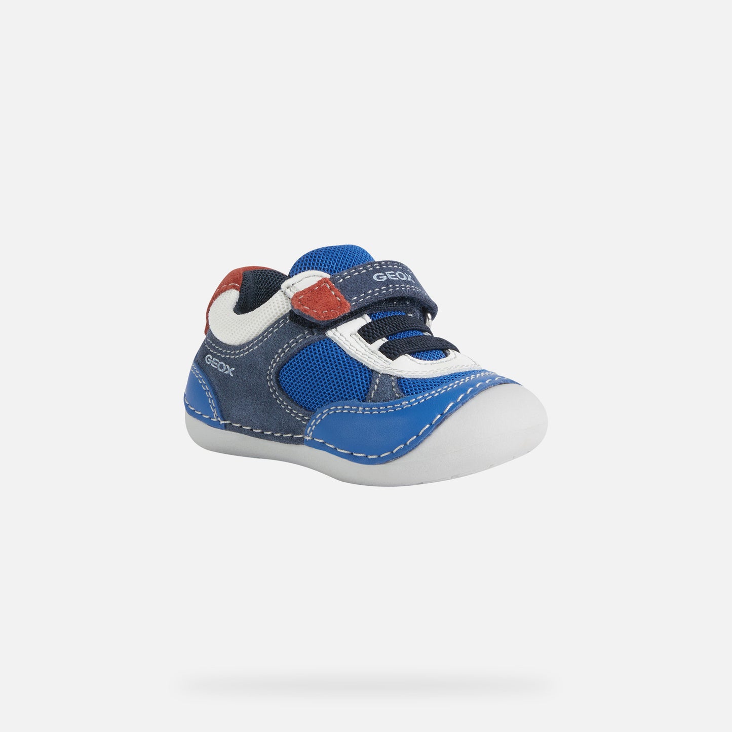 A boys pre walker by Geox, style Tutim, in blue, white and red with velcro fastening. Right side view.