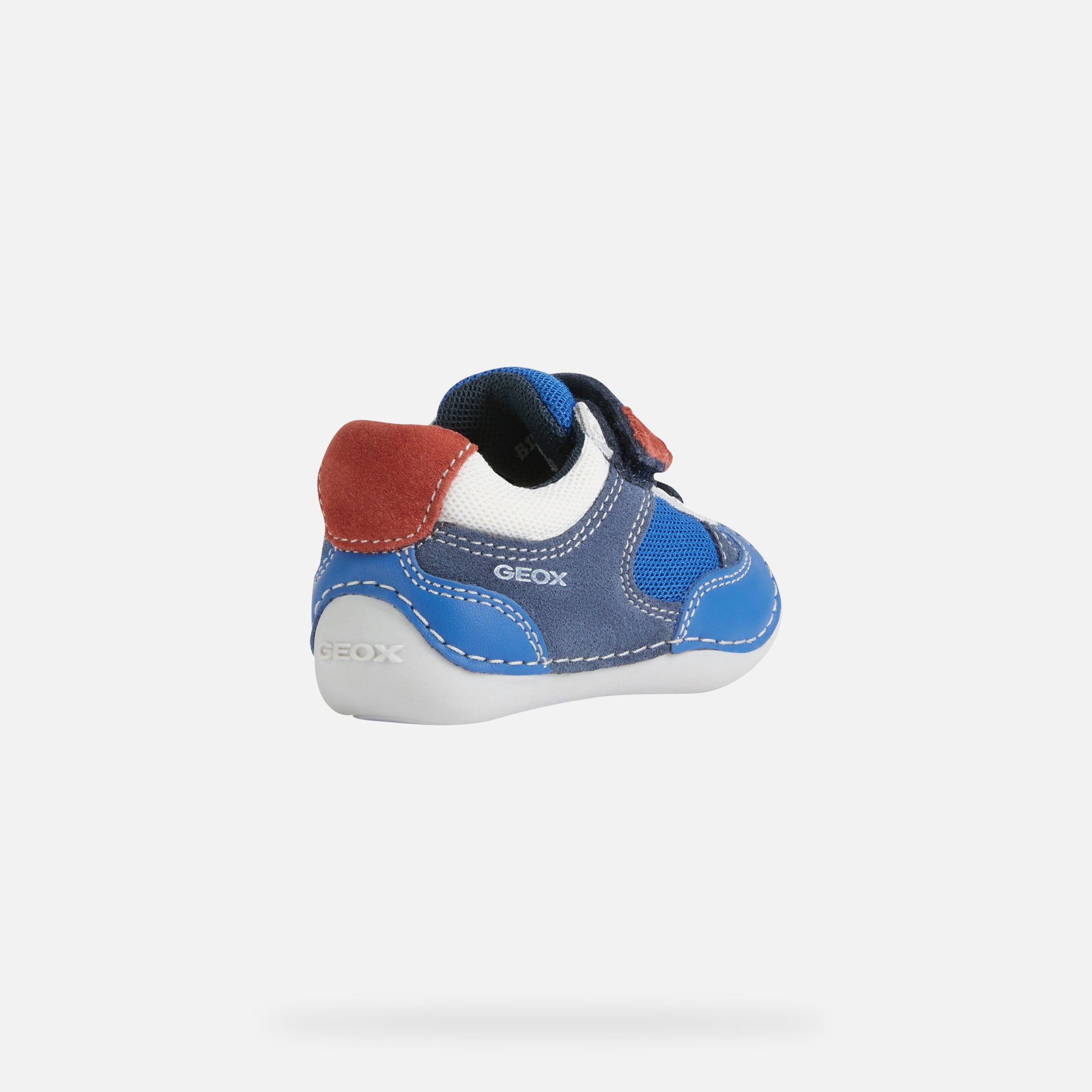 A boys pre walker by Geox, style Tutim, in blue, white and red with velcro fastening. Back view