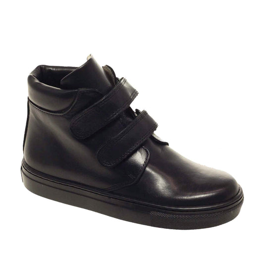 A boys school boot by Petasil, style Emerson, in black with double velcro fastening. Right side view.