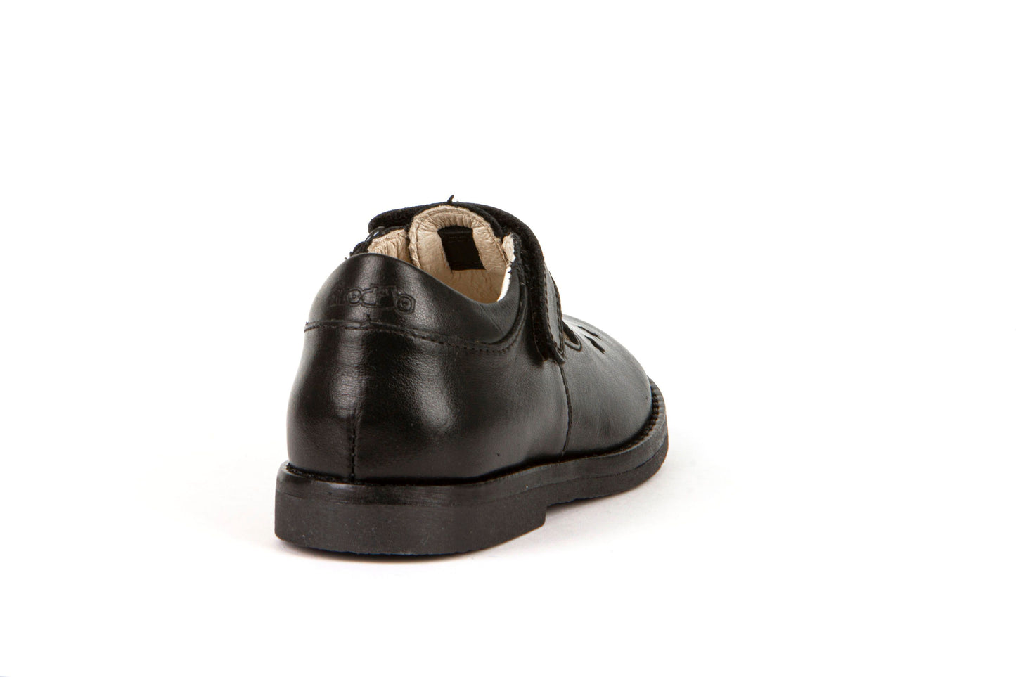 A girls t-bar school shoe by Froddo, style Evia, in black leather with velcro fastening. Back view.