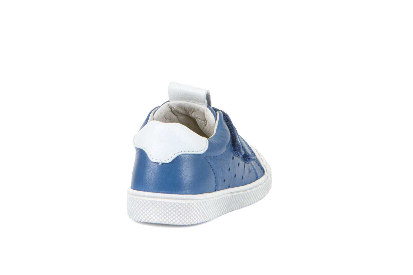 A boys casual shoe by Froddo, style G2130316-14 Rosario, in blue with white trim, velcro fastening. Back view.