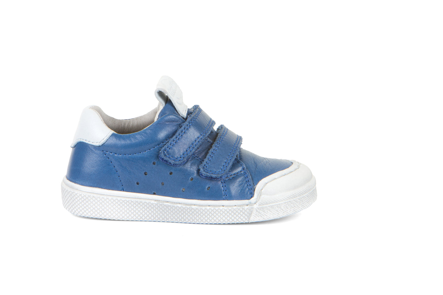 A boys casual shoe by Froddo, style G2130316-14 Rosario, in blue with white trim, double velcro fastening. Right side view.