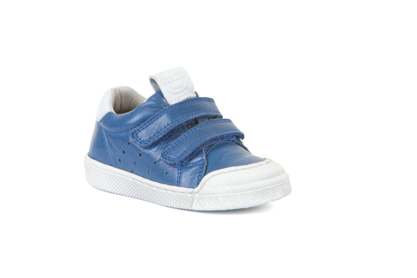 A boys casual shoe by Froddo, style G2130316-14 Rosario, in blue with white trim, double velcro fastening. Angled view.