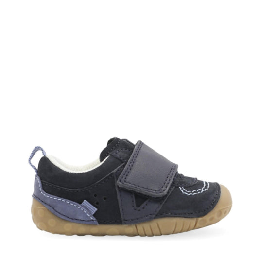 A boys pre walker by Start-Rite, style Shuffle, in navy and blue nubuck leather with velcro fastening. Right side view.
