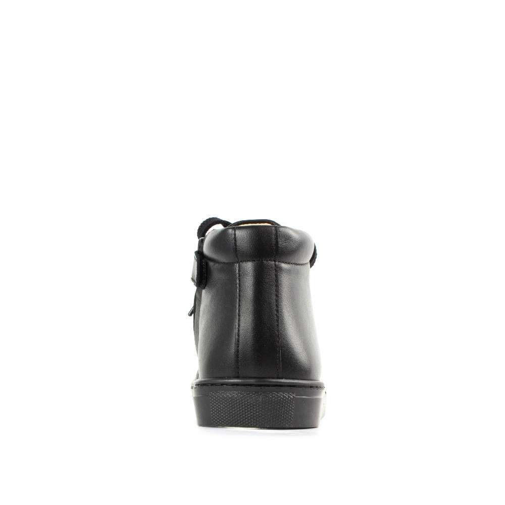 A girls ankle boot by Petasil, style Gracie, in black with lace up fastening. Back view.