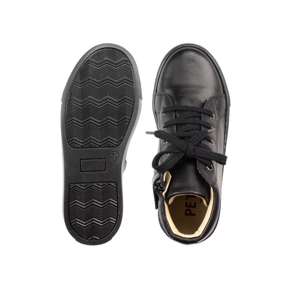 A girls ankle boot by Petasil, style Gracie, in black with lace up fastening. Above view.