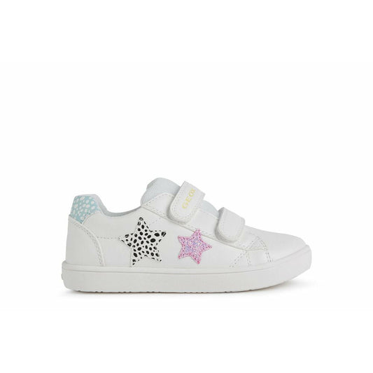 A girls casul trainer by Geox, style Kathe, in white with velcro fastening. Right side view.