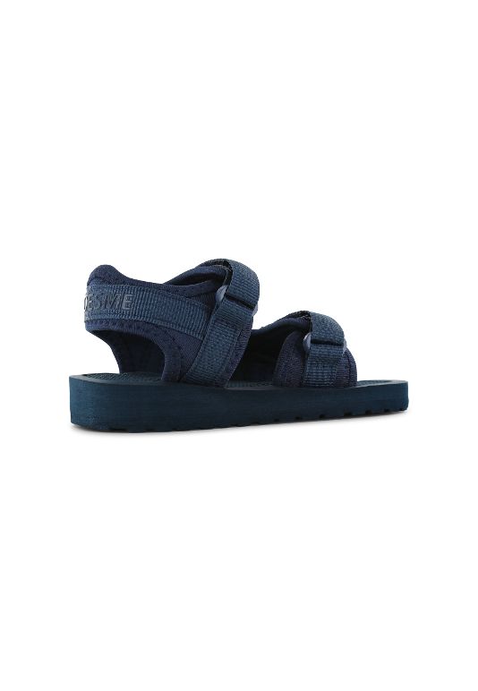 A boys open toe sandal by Shoesme, style LS23S001-D, in navy fabric with velcro fastening. Angled left side view.