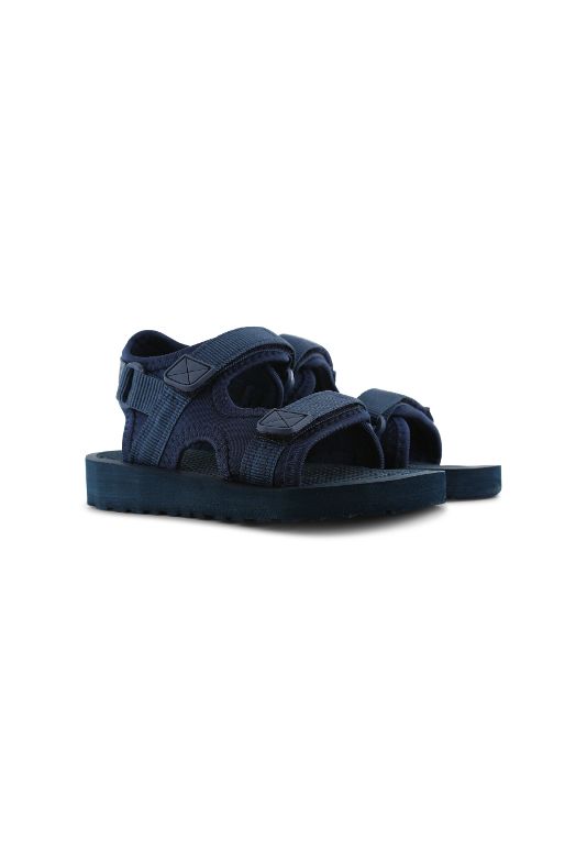 A pair of boys open toe sandals by Shoesme, style LS23S001-D, in navy fabric with velcro fastening. Angled right side view.