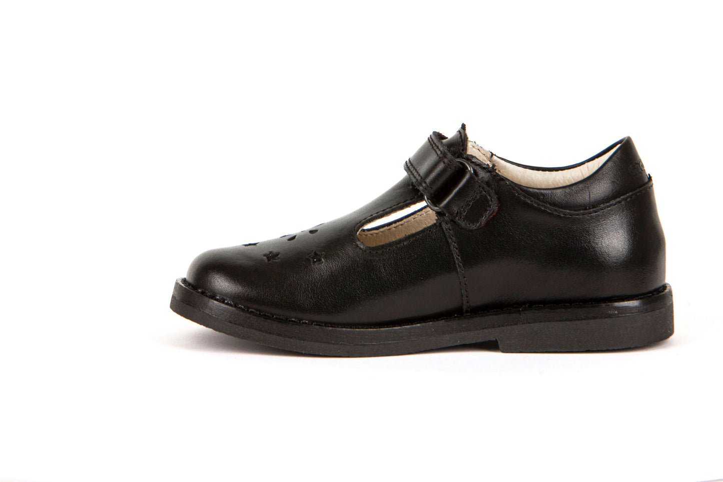 A girls t-bar school shoe by Froddo, style Evia, in black leather with velcro fastening. Inner side view