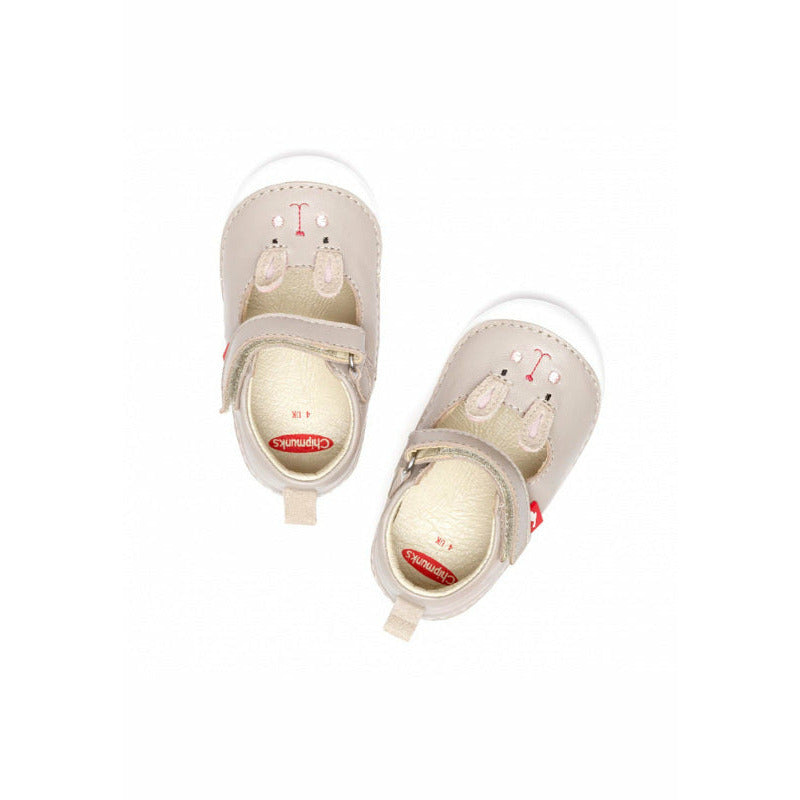 A pair of girls pre-walkers by Chipmunks, style Lola, in taupe leather with bunny face and velcro fastening. View from above.