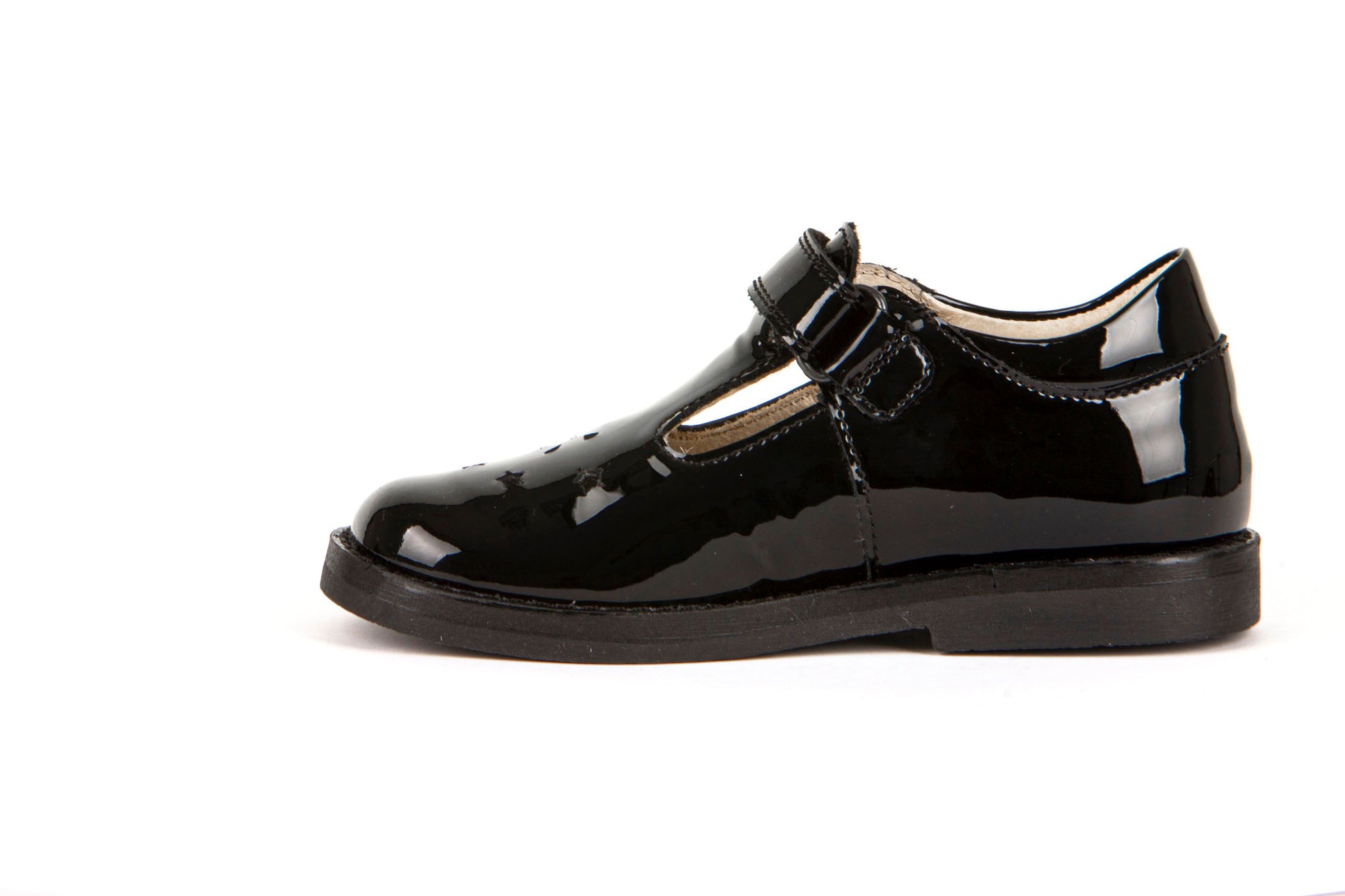 A girls t-bar school shoe by Froddo, style Evia, in black leather with velcro fastening. Inner side view.