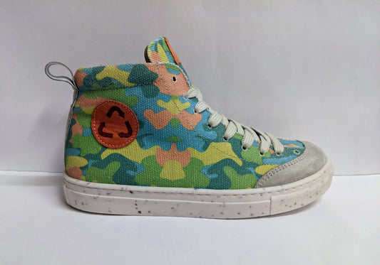 A unisex hi top boot by Petasil, style Riley, in Green multi with lace and zip fastening. Right side view.