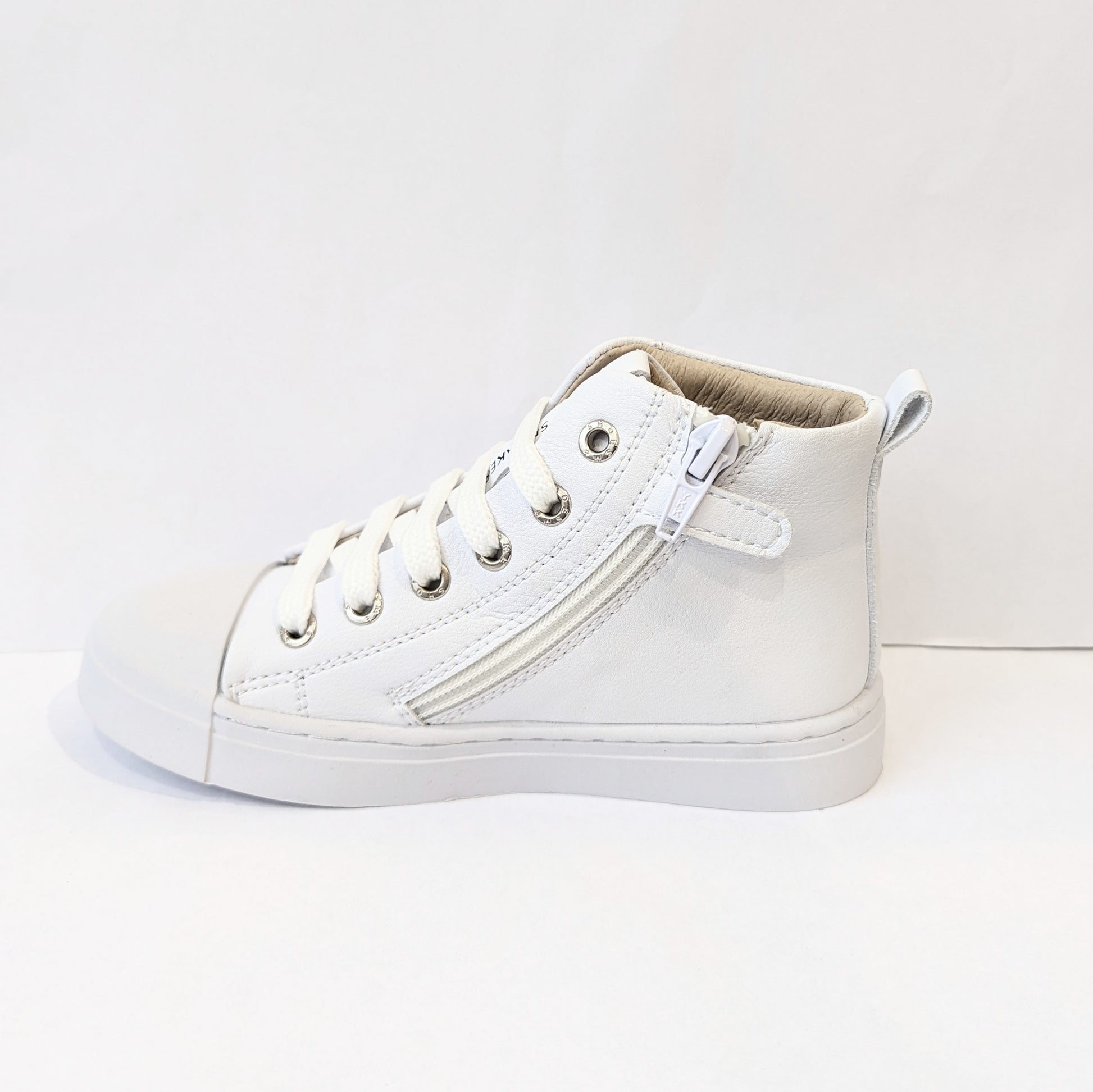 A unisex hi-top by Shoesme, style SH21S008-F, in white with logo detail, lace/zip up. Inside view.